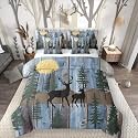Elk Deer King Size Comforter Set with Sheets, Christmas Reindeer Pine Trees 7 Piece Bedding Set Farmhouse Decor Rustic Barn Door Bed in a Bag, Retro Countryside Rural Hunting Bed Sets, Navy Blue
