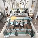 Elk Deer King Size Comforter Set with Sheets, Christmas Reindeer Pine Trees 7 Piece Bedding Set Farmhouse Arts Rustic Barn Door Bed in a Bag, Vintage Countryside Bed Sets, Green Olive Brown