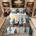 Elk Deer Queen Comforter Set with Sheets, Christmas Reindeer Pine Trees 7 Piece Bedding Set Farmhouse Decor Rustic Barn Door Bed in a Bag, Retro Countryside Rural Hunting Bed Sets, Brown Teal