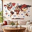 Elk 3D Wooden World Map Wall Decor with Country Names Capitals States Premium Multilayer Laser Cut Wall Art Easy DIY Installation Travel Theme Home Decor for Living Room Office Size M 120x69 CM