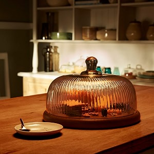 ellementry fluted glass cloche wooden cake stand with dome lid round cup cake amp pastry stand for desserts  stylish pizza stand for parties weddings amp birthday serving cake plate with dome lid