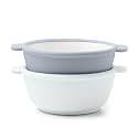 Ello Clean Start Ceramic Toddler Bowls with Sleeves, 2 Pack, Quiet Tide