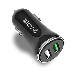 elove dual usb car charger - 30a18w qualcomm dual port fast car charger for apple amp android devices - black