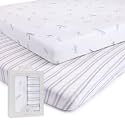Ely's &amp; Co. Pack and Play Sheets, for Mini/Portable Crib, 2 Pack Fitted Playpen Play Yard Sheet Set Compatible with Graco Pack n Play, for Baby Boys, 100% Cotton, 38”x24”x5” Blue Dragonfly + Stripes