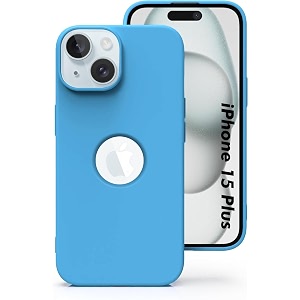 elzzi microfiber logo cut cover compatible for iphone 15 plus case liquid silicone covers shockproof back cover with high raised camera lips - aqua blue