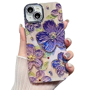 elzzi compatible with iphone 14 case laser flower oil painting cute colorful blue ray bumper with full camera protection shockproof pctpu glossy shiny cover for girls women purple