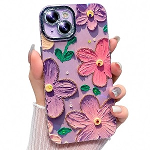 elzzi compatible with iphone 14 case laser flower oil painting cute colorful blue ray bumper with full camera protection shockproof pctpu glossy shiny cover for girls women purplepink