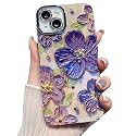 Elzzi Compatible with iPhone 14 Case Laser Flower Oil Painting Cute Colorful Blue Ray Bumper with Full Camera Protection Shockproof PC+TPU Glossy Shiny Cover for Girls Women, Purple