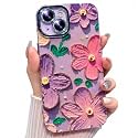 Elzzi Compatible with iPhone 14 Case Laser Flower Oil Painting Cute Colorful Blue Ray Bumper with Full Camera Protection Shockproof PC+TPU Glossy Shiny Cover for Girls Women, Purple+Pink