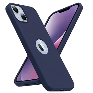 elzzi microfiber logo cut cover compatible for iphone 14 case liquid silicone covers shockproof back cover with high raised camera lips - navy blue