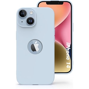 elzzi microfiber logo cut cover compatible for iphone 14 case liquid silicone covers shockproof back cover with high raised camera lips - mist blue