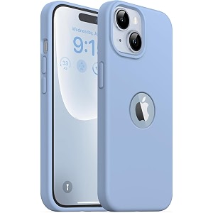 elzzi microfiber logo cut cover compatible for iphone 14 case liquid silicone covers shockproof back cover with high raised camera lips - official blue