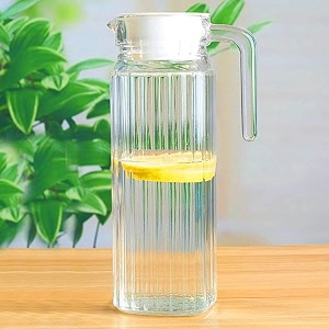 glass waterjuice jug pitcher carafe with handle and plastic lid for drinking beverages serving kitchen and diningtableware-milk juice water-1300ml hexa jug