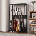 EmberGlow Multi Guitar Stand with Top Wood Display Shelf, 27.8lbs Heavy Duty Guitar Rack Floor Holder (1.2mm Thick Tubes), Patented Anti-Collision Mesh, Premium Instrument Accessories for Home Music Studio, Brown