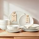 Embossed Ceramic Dinnerware Set for 4, 12-Piece White Plates and Bowls Set, Modern Farmhouse Tableware with 10" &amp; 8" Plates, 26 oz Bowls, Microwave, Oven &amp; Dishwasher Safe