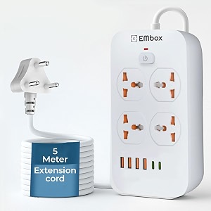 embox extension board 5 meter cable with usb type c  extension board with switches spike guard 4 universal sockets extension cord  safety shutter led indicator-2500w