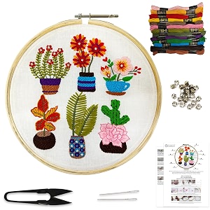 embroiderymaterial cross stitch embroidery kit for beginners adults amp kids  diy flower pots design  all-in-one stitching kit with threads crystals fabric cutter hoop amp instruction sheet