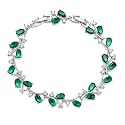 Emerald Green CZ Leaf Vine Tennis Bracelet for Women, Rhodium-Plated Brass, 8" Oval-Cut Cluster Floral Link, 5.1 mm Dainty Sparkle Gift Jewelry