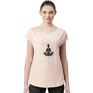 enamor athleisure relaxed fit short sleeve boat neck antimicrobial finish breathable stretch cotton activewear sports tshirt for women-e131 e131_rose waterhamsa yogini graphic_s