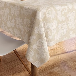 encasa xo dining table cover for 8 to 10 seater  rectangular size - 145x300 cm 57x118 in  floral beige jacquard printed on chambray cotton  dining table cloth for special occasions