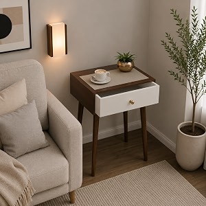 End Table with Storage Rack Wooden Nightstand