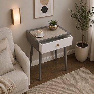 End Table with Storage Rack Wooden Nightstand
