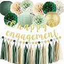 Engagement Party Decorations, Happy Engagement Banner Sage Green Tissue Pom Poms, Paper Lanterns, Circle Dot Garland for Couple Party Bridal Shower