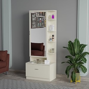 engineered wood dressing table with mirror for living room and bedroom  modern vanity table with spacious storage  brown finish  diy easy assembly 