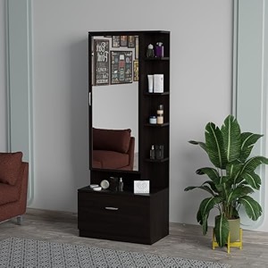 engineered wood dressing table with mirror for living room and bedroom  modern vanity table with spacious storage  brown finish  diy easy assembly 
