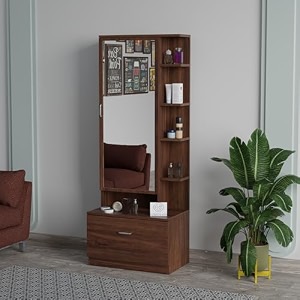 engineered wood dressing table with mirror for living room and bedroom  modern vanity table with spacious storage  brown finish  diy easy assembly 