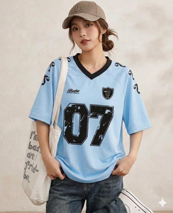 ENGLISHPREMIUM Printed Women V Neck Blue T-Shirt