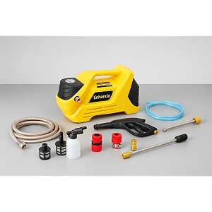 150-bar high pressure washer  2200w motor 9 lmin flow  adjustable nozzle amp foam bottle  auto stop pump  5 m hose  3 m inlet filters accessory kit  car bike home cleaning yellow
