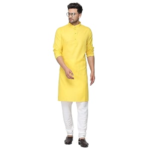Enmozz Yellow Cotton Plain Mens Ethnic Simple