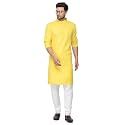 Enmozz Yellow Cotton Plain Men39s Ethnic Simple
