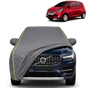 eon 100 waterproof car cover  dustproof sun protection cover  soft cotton lining  triple stitched  mirror pocket  antenna pocket  all weather body cover grey with yellow piping