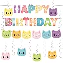 Epakh 43 Pieces Cartoon Doll Cat Birthday Party Banner and Hanging Swirl Party Decorations Happy Pet Banner for Themed Birthday Decor