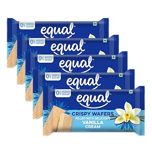 equal vanilla wafer bars sugar-free  pack of 5 60g each  0 added sugar amp 100 taste  flavoured wafers  crispy creamy wafers  crunch anytime anywhere
