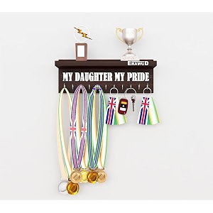 wooden medal amp key holder  wall mounted trophy shelf with 11 hooks  my daughter my pride award display rack  engineered wood  wenge finish
