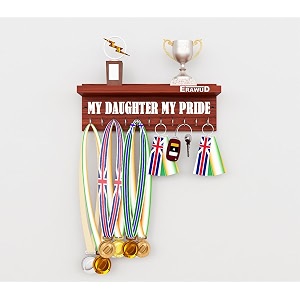 wooden medal holder hanger award medal display rack amp trophy shelf wall mounted key chain holder my daughter my pride engineered wood - classic walnut with 11 - hooks