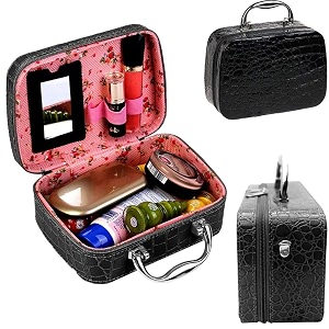 erhetus latest stylish makeup bag for women  jewellery organizer amp cosmetic storage box  20 x 13 x 7 cm toiletry bags with compact magnifying mirror for travel - black