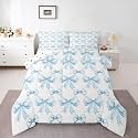 Erosebridal Blue Bow King Comforter Set for Girls - Cute Bows Bedding Sets for Kids Women, Blue and White Bowknot Bed Set, Ribbons Bow Tie Aesthetic Bedroom Decor with 2 Pillowcases
