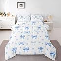 Erosebridal Blue Bow Tie Queen Comforter Set, Cute Coquette Bowknot Bedding Sets for Girls Kids, Blue and White Polka Dot Quilt Bed Set, Princess Ribbon Bows Bedroom Decor