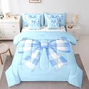 Erosebridal Blue Bowknot Bedding Set for Girls Boys Bedroom Decor,Cute Kawaii Bow Full Comforter Set 7 Piece for Kids Teen Adults,Watercolor Plaid Bowknot Bed in A Bag Light Blue Bed Set