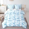 Erosebridal Blue Cherry Bow Bedding Set Ribbon Bowknot Twin Comforter Set 7 Piece Cute Kawaii Bow Bed in A Bag for Kids Teen Adults Room Decor,Watercolor Geometric Plaid Bowknot Bed Set
