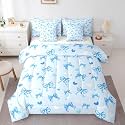 Erosebridal Blue Watercolor Kids Bow Twin Comforter Set 7 Piece Cute Princess Bowknot Bedding Set for Girls Boys,Kawaii Butterfly Knot Bed in A Bag Fantasy Coquette Love Heart Bow Bed Set