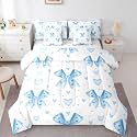 Erosebridal Bow Full Comforter Set 7 Piece for Kids Boys Girls,Blue Watercolor Bowknot Bedding Set Cute Ribbon Bow Bed in A Bag Dreamy Aesthetic Butterfly Knot Sheet Set with Comforter