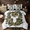 Erosebridal Camo Deer White Dark Green 7 Piece Bedding Set Twin | Woodland Antlers Comforter Set with Sheets Hunting Farmhouse Bed in A Bag Kids Adults Bed Sets