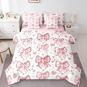 Erosebridal Cartoon Bow Bedding Set Cute Kawaii Bowknot Full Comforter Set 7 Piece Dreamy Princess Bow Bed in A Bag Watercolor Ribbon Butterfly Knot Bed Set for Kids Girls Teen Women