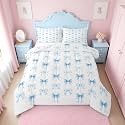 Erosebridal Cute Blue Bow Queen Comforter Set for Girls | Coquette Bow Tie Bedding Sets for Kids Women, Blue Ribbon Bows Bed Set, Kawaii Preppy Bowknot Room Decor, 2 Pillowcases