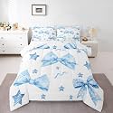 Erosebridal Cute Blue Bow Twin Comforter Set for Girls Kids,Kawaii Bows Bowknot Bedding Set Room Decor,Girly Princess Bowtie Bed Set Blue Stars Geometric Bedding Comforter Sets,1 Pillowcase